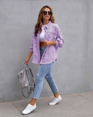 Light Purple Distressed Denim Jacket with Raw Hem