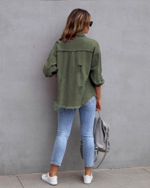 Army Green Distressed Denim Jacket with Raw Hem
