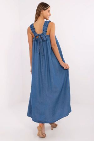 Summer Denim Maxi Light Blue Dress with Ruffled Wide Straps and Back Tie