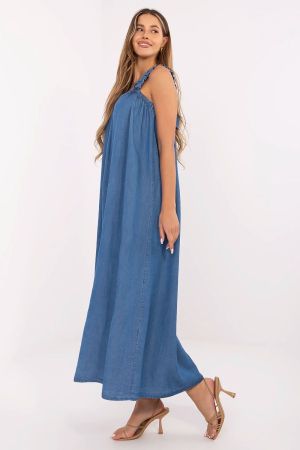 Summer Denim Maxi Light Blue Dress with Ruffled Wide Straps and Back Tie