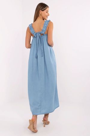 Summer Denim Maxi Light Blue Dress with Ruffled Wide Straps and Back Tie