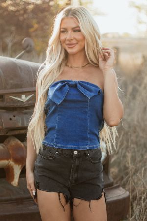 Blue Strapless Denim Bustier with Front Bow Detail
