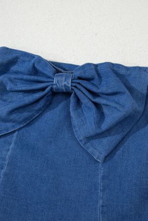 Blue Strapless Denim Bustier with Front Bow Detail