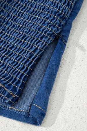 Blue Strapless Denim Bustier with Front Bow Detail
