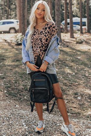 Women's Oversized Leopard Print T-Shirt with V-Neck