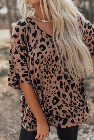 Women's Oversized Leopard Print T-Shirt with V-Neck