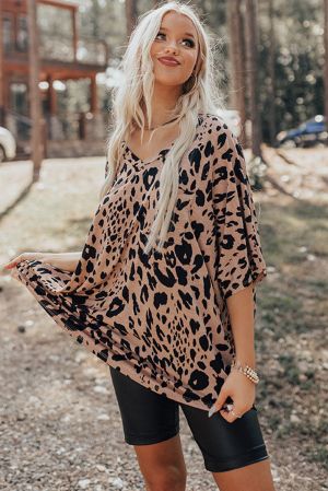 Women's Oversized Leopard Print T-Shirt with V-Neck