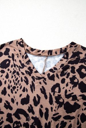 Women's Oversized Leopard Print T-Shirt with V-Neck