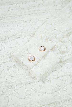 White Lace Dress with Puff Sleeves and Elegant Buttons