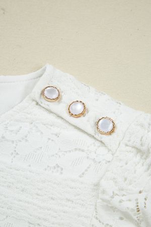 White Lace Dress with Puff Sleeves and Elegant Buttons