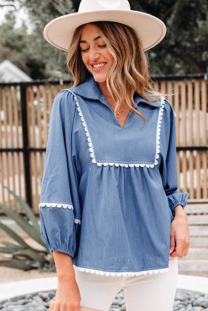 Women’s Blue Blouse with White Lace Ric Rac Trim and Puff Sleeves
