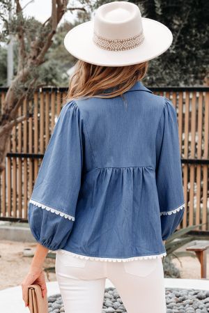 Women’s Blue Blouse with White Lace Ric Rac Trim and Puff Sleeves