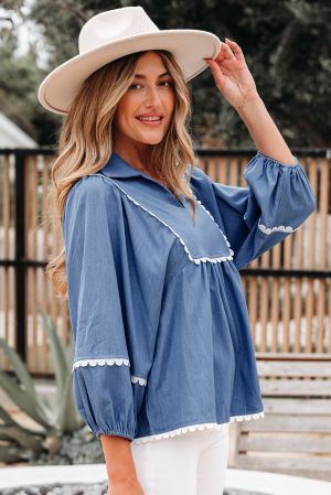 Women’s Blue Blouse with White Lace Ric Rac Trim and Puff Sleeves