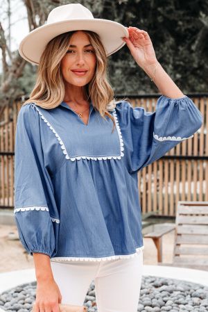 Women’s Blue Blouse with White Lace Ric Rac Trim and Puff Sleeves