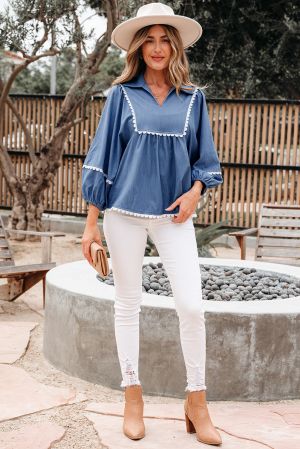 Women’s Blue Blouse with White Lace Ric Rac Trim and Puff Sleeves