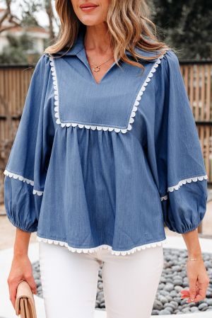Women’s Blue Blouse with White Lace Ric Rac Trim and Puff Sleeves