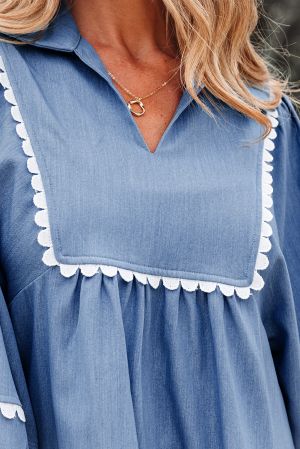 Women’s Blue Blouse with White Lace Ric Rac Trim and Puff Sleeves