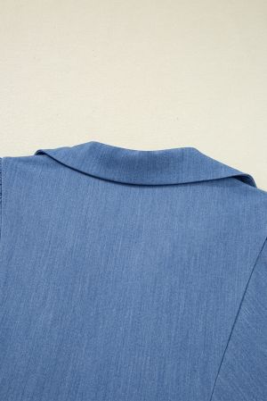 Women’s Blue Blouse with White Lace Ric Rac Trim and Puff Sleeves