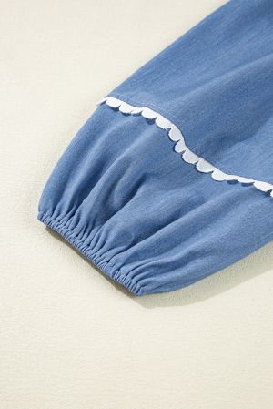 Women’s Blue Blouse with White Lace Ric Rac Trim and Puff Sleeves