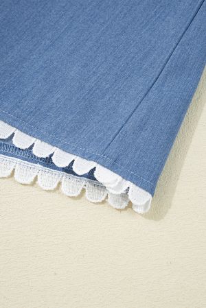 Women’s Blue Blouse with White Lace Ric Rac Trim and Puff Sleeves