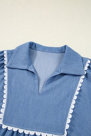 Women’s Blue Blouse with White Lace Ric Rac Trim and Puff Sleeves