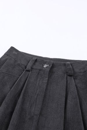 Gray Corduroy High Waist Straight Leg Pants, 100% Cotton