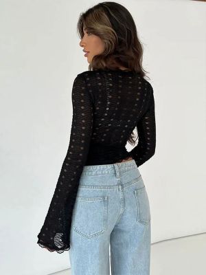 Women's Black Lace Long Sleeve Wrap Blouse