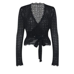 Women's Black Lace Long Sleeve Wrap Blouse