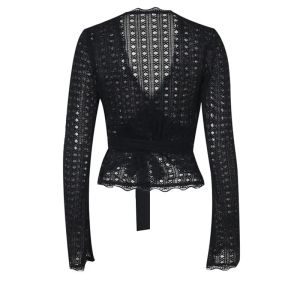 Women's Black Lace Long Sleeve Wrap Blouse