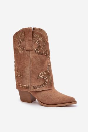 Women’s Brown Mid-Calf Cowboy Boots with Decorative Studs