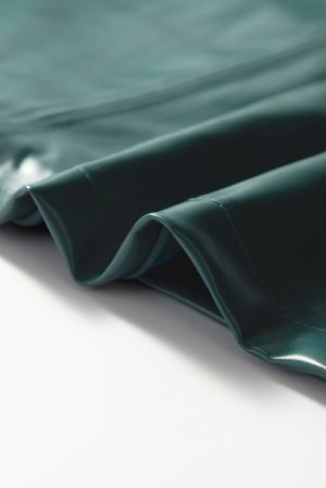 Sea Green Notched V Neck Short Puff Sleeve PU Leather Blouse