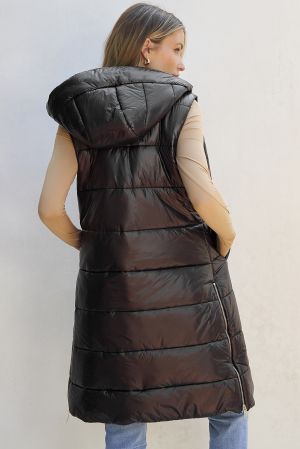 Women’s Long Black Quilted Vest with Hood