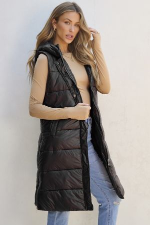Women’s Long Black Quilted Vest with Hood