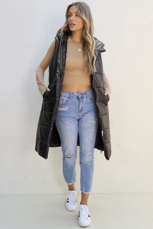 Women’s Long Black Quilted Vest with Hood