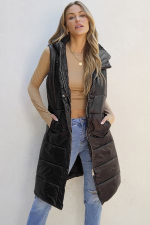Women’s Long Black Quilted Vest with Hood
