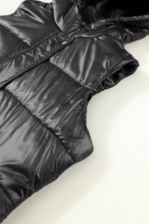 Women’s Long Black Quilted Vest with Hood