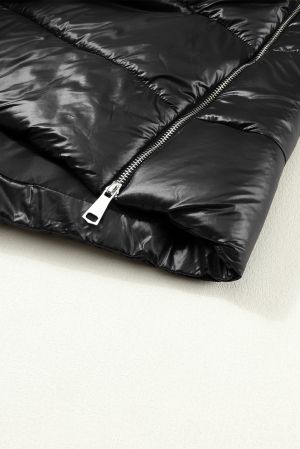 Women’s Long Black Quilted Vest with Hood