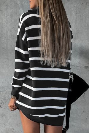 Women’s Black Striped Sweater Mini Dress with O-Ring Zip Collar