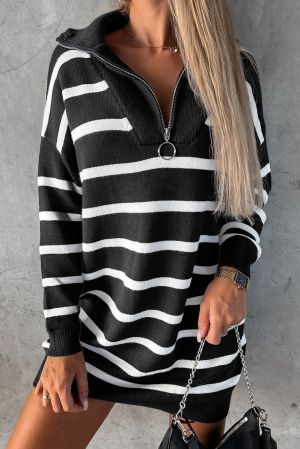 Women’s Black Striped Sweater Mini Dress with O-Ring Zip Collar