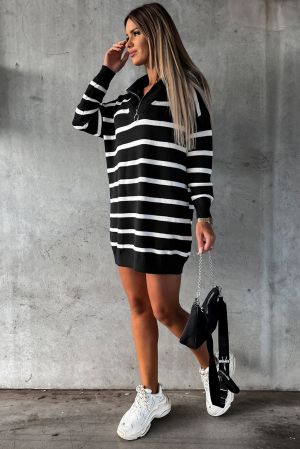 Women’s Black Striped Sweater Mini Dress with O-Ring Zip Collar