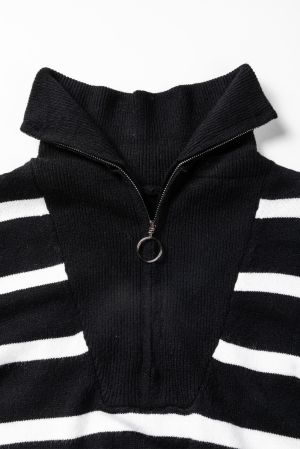Women’s Black Striped Sweater Mini Dress with O-Ring Zip Collar