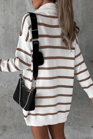 Women’s White Striped Sweater Mini Dress with O-Ring Zip Collar