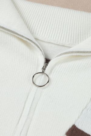 Women’s White Striped Sweater Mini Dress with O-Ring Zip Collar