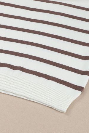 Women’s White Striped Sweater Mini Dress with O-Ring Zip Collar