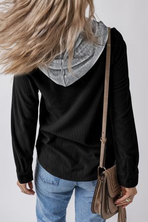 Women's Black Corduroy Hooded Shacket