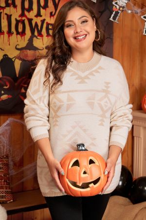Women's Beige Plus Size Sweater with Aztec Print, Loose Fit