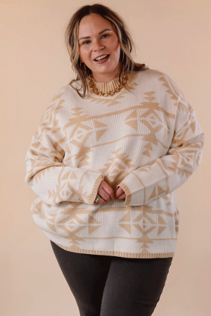 Women's Beige Plus Size Sweater with Aztec Print, Loose Fit