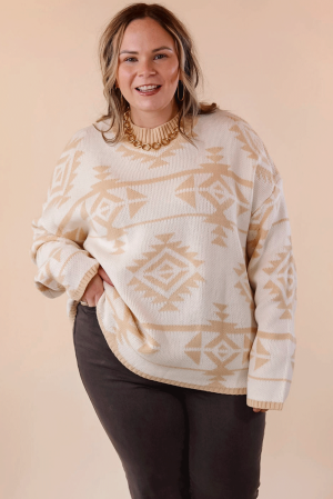 Women's Beige Plus Size Sweater with Aztec Print, Loose Fit