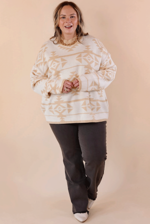 Women's Beige Plus Size Sweater with Aztec Print, Loose Fit