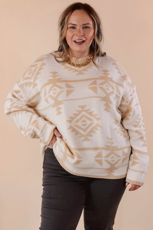 Women's Beige Plus Size Sweater with Aztec Print, Loose Fit